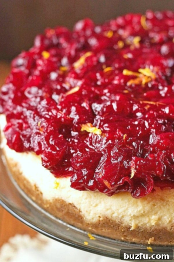 A beautifully garnished Cranberry Orange Cheesecake on an elegant white cake stand, adorned with fresh cranberries and orange zest, set against a festive background.
