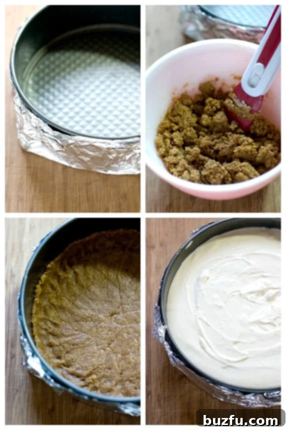Step-by-step image illustrating the process of pressing the graham cracker crust mixture into a springform pan, ensuring even distribution and compaction.