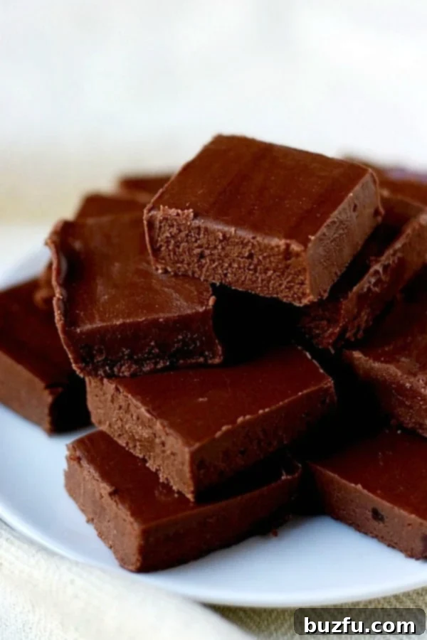 Microwave Mocha Fudge - silky smooth chocolate fudge with a hint of coffee. It's the easiest fudge ever and takes only minutes to prepare! Delicious individual pieces of Microwave Mocha Fudge on a plate, highlighting their smooth texture and rich color.