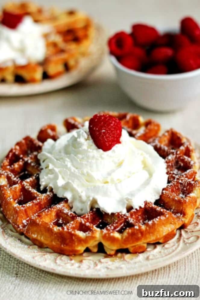 Sunday Morning Waffle Perfection 2 Our Favorite Sunday Waffles - The Best Waffles Ever, stacked high with fresh fruit and whipped cream