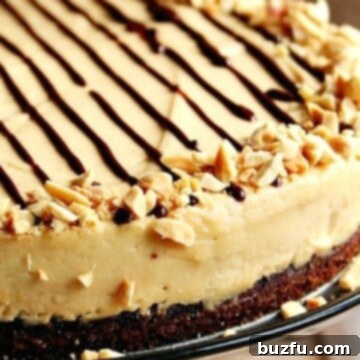 Peanut Butter Mousse Chocolate Cake on cake stand.