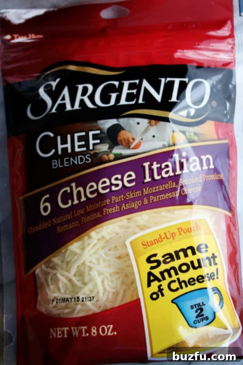 Close-up of Sargento Chef Blends Shredded 6 Cheese Italian, showcasing its rich texture and variety.