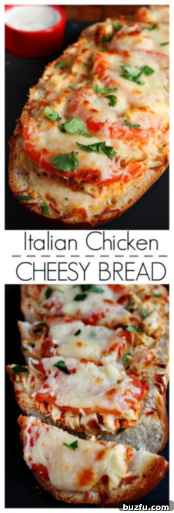 Close-up of Italian Chicken Cheesy Bread, garnished with fresh parsley.