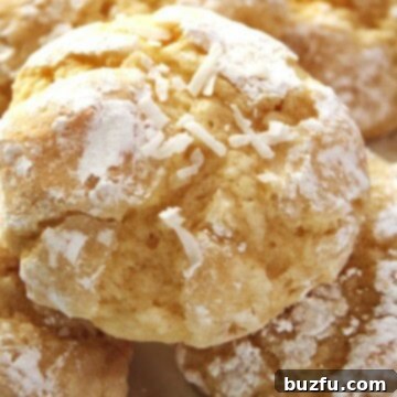 A vibrant plate of Coconut Crinkle Cookies, showcasing their appealing white coating and soft texture.