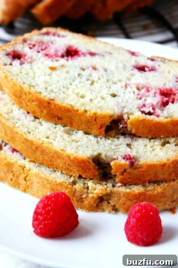 Close-up of a perfectly baked Lemon Raspberry Sweet Quick Bread, showcasing the even distribution of raspberries.