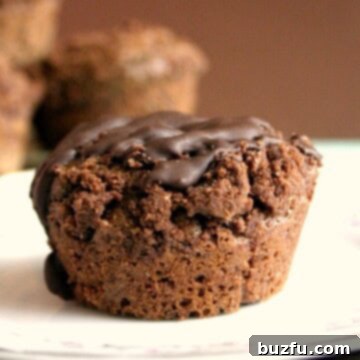 Velvet Cocoa Muffins 2 A batch of freshly baked cocoa muffins, topped with golden streusel and a luscious chocolate drizzle, ready to be enjoyed.