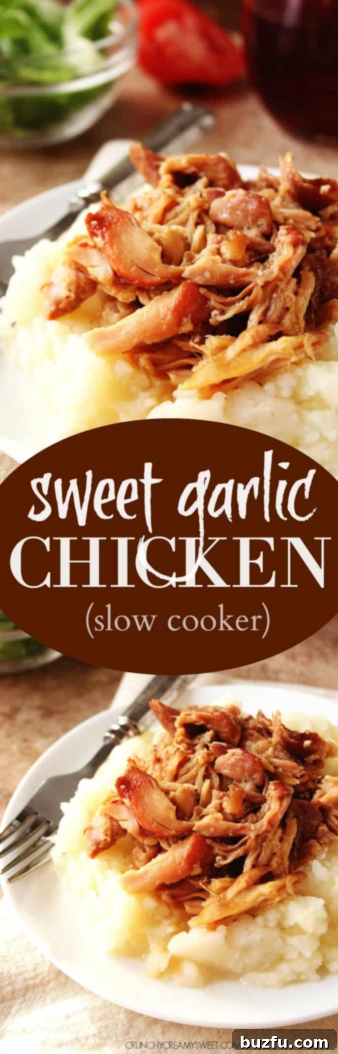 Slow Cooker Sweet Garlic Chicken served over a bed of white rice, garnished with fresh green onions.