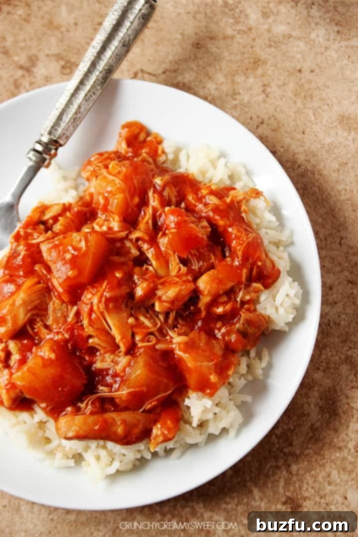 Sweet and tangy Pineapple Salsa Chicken cooked in a slow cooker.
