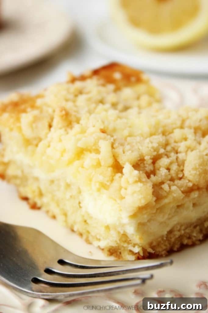 Lemon Crumb Cake with a visible creamy cheesecake layer and golden crumb topping.