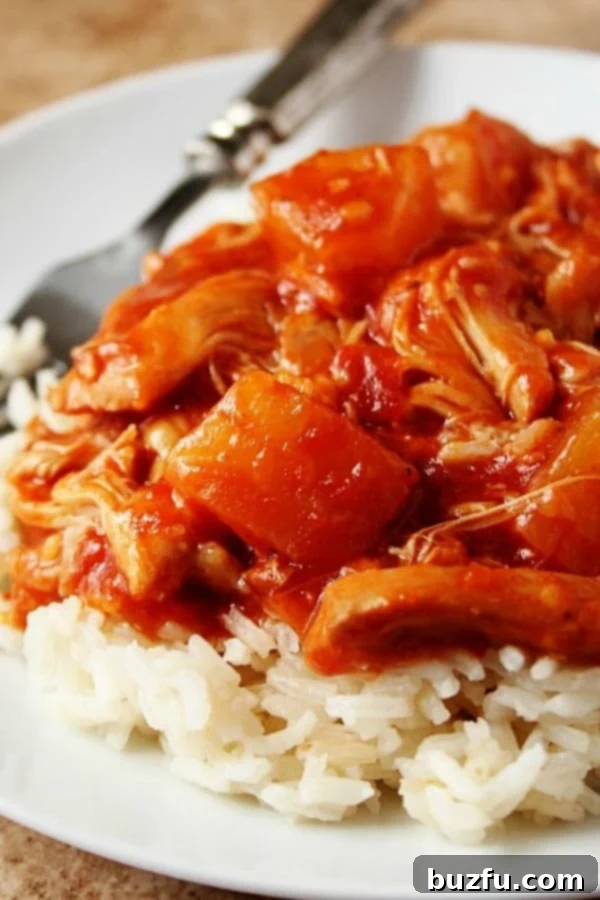 Close-up of Slow Cooker Pineapple Salsa Chicken on a plate, garnished.