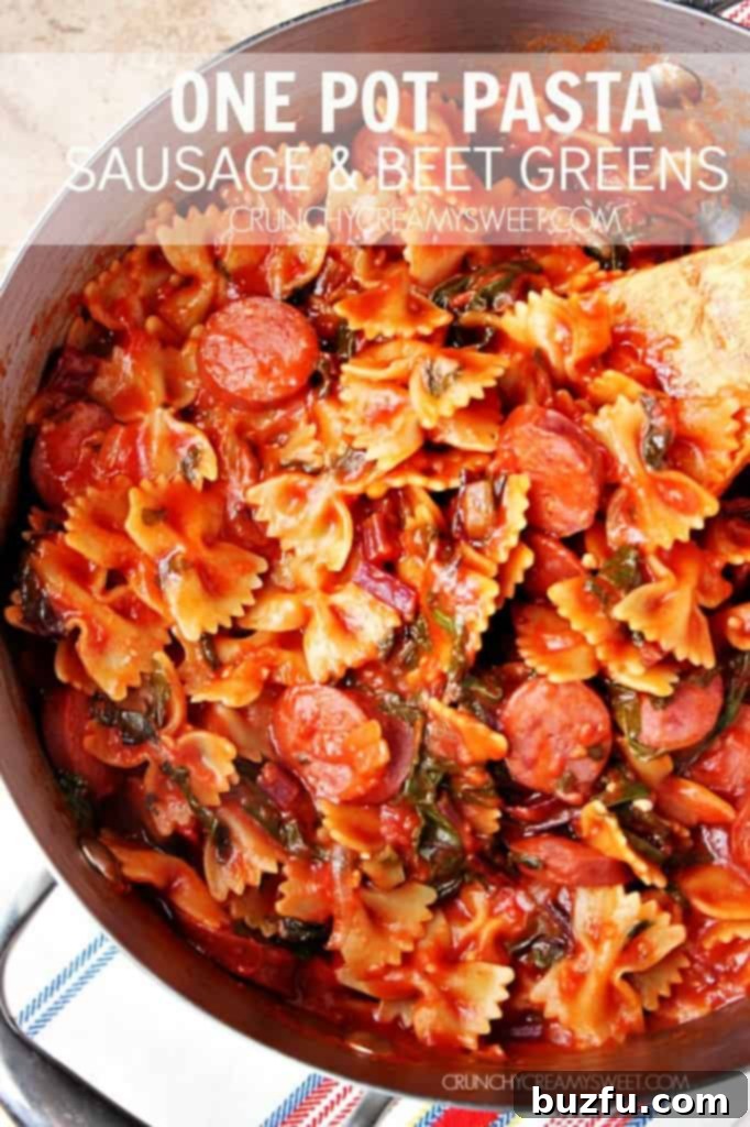 Delicious 20-Minute One-Pot Pasta with Sausage and Beet Greens, a perfect recipe for a quick, gluten-free meal.
