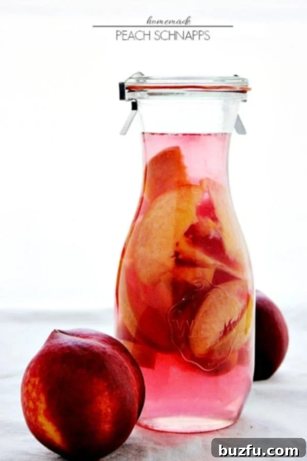 A glass bottle of homemade peach schnapps sitting on a rustic wooden surface, with fresh peaches blurred in the background, hinting at its natural ingredients.