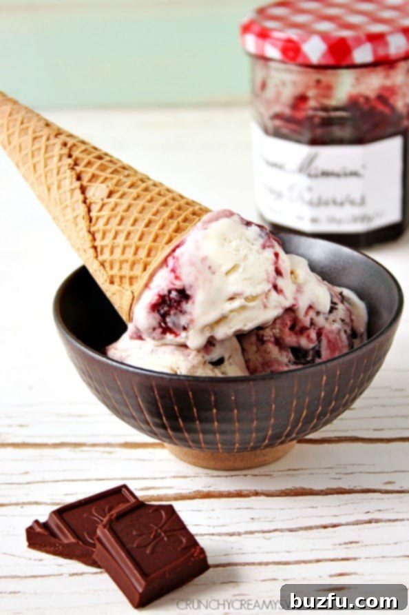 Dark Chocolate Cherry Ice Cream recipe - only 4 ingredients are required to make this decadent treat! @crunchycreamysw