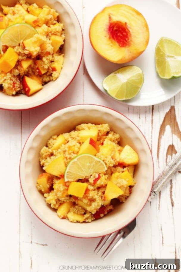 Close-up of Mango Peach Quinoa Salad showcasing the fresh fruit and quinoa texture.