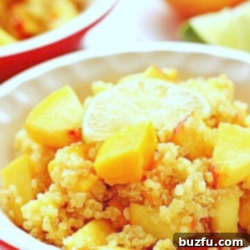Mango Peach Quinoa Salad in a bowl, ready to be served.