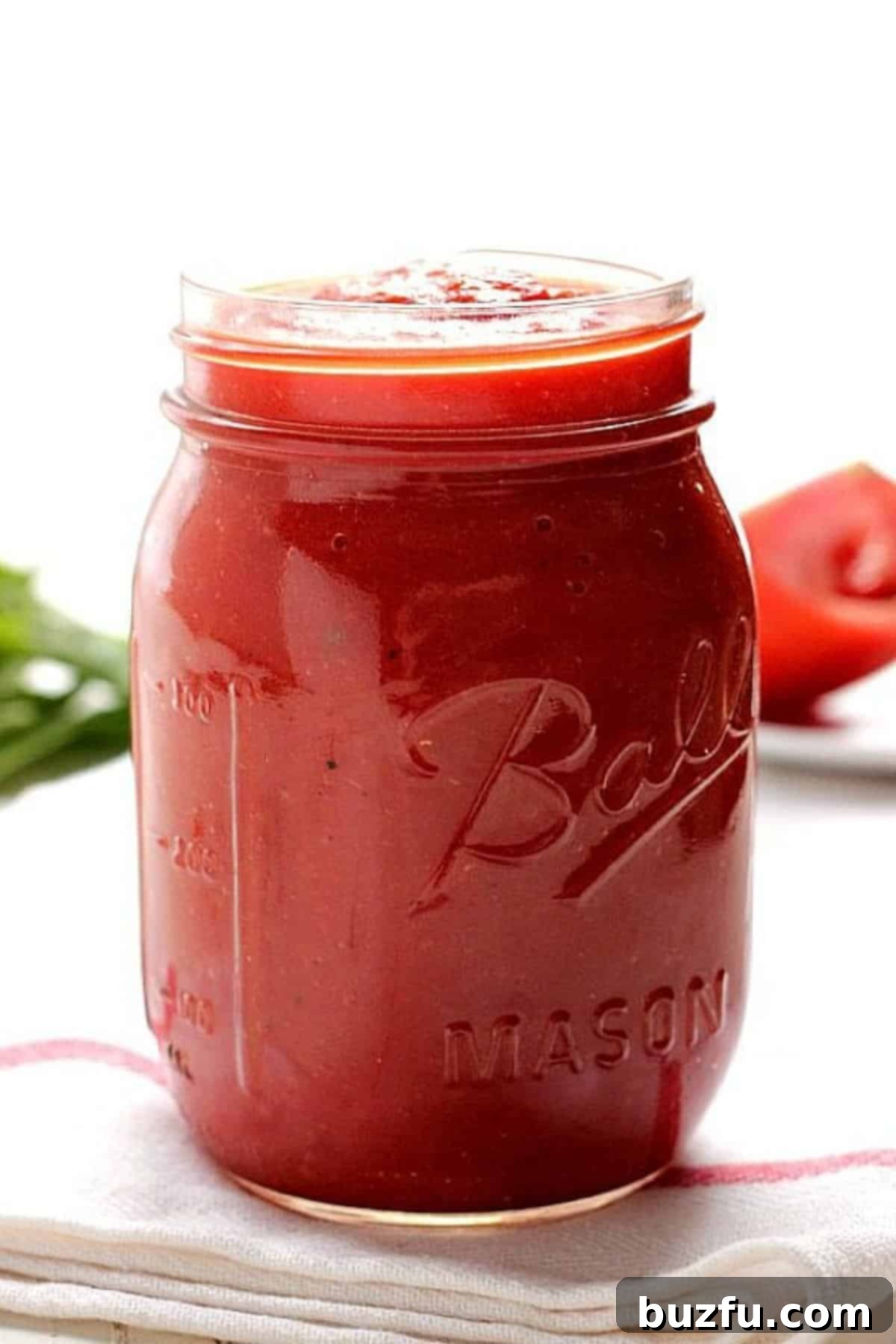 Freshly blended homemade pizza sauce in a clear glass jar, perfectly set on a clean white kitchen towel, ready for use.