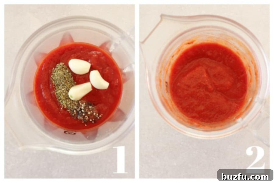 A two-panel image showing the progression of pizza sauce making: the left panel captures all the raw ingredients neatly arranged inside a blender, while the right panel beautifully displays the final smooth, vibrant, and perfectly blended sauce.
