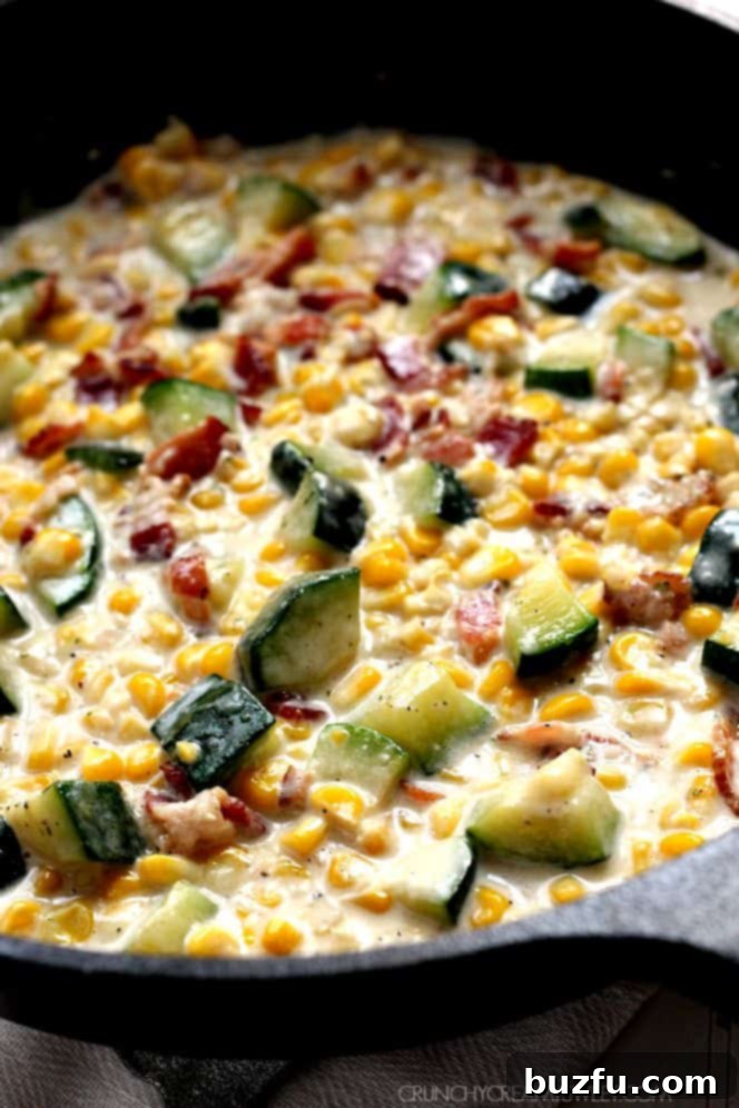 Heavy cream simmering with corn and zucchini in a skillet, forming a creamy sauce.