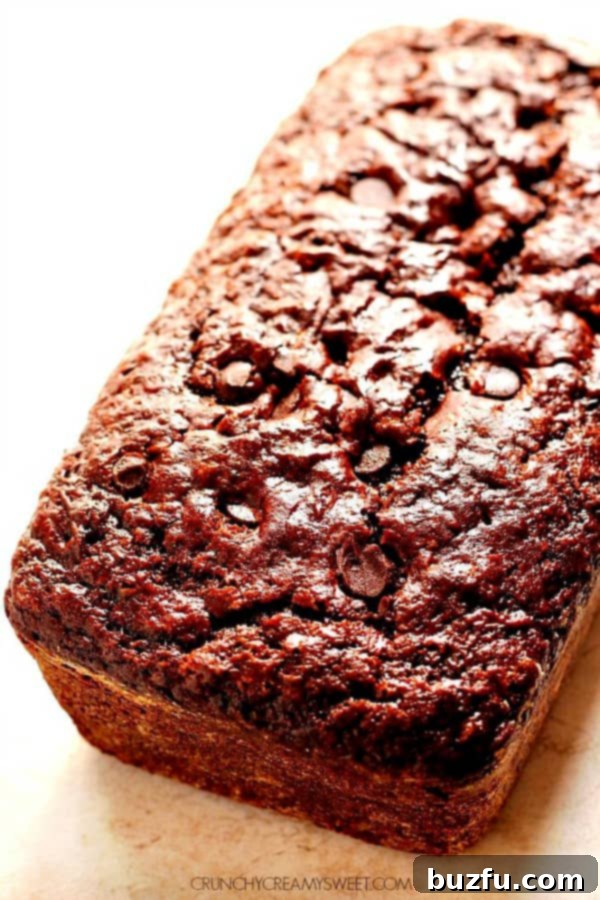 A beautiful side view of a rich, dark chocolate zucchini bread loaf, freshly baked and perfectly golden brown, sitting on a wire cooling rack.
