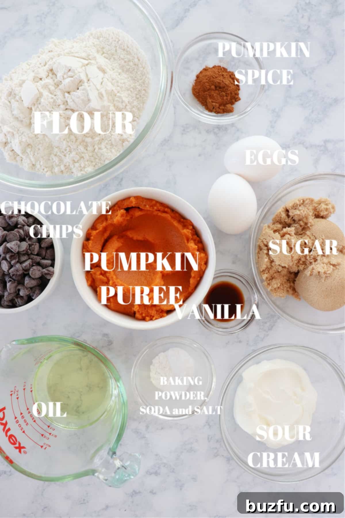 Ingredients for pumpkin bread laid out on a marble board, including pumpkin puree, flour, sugar, spices, eggs, and chocolate chips.