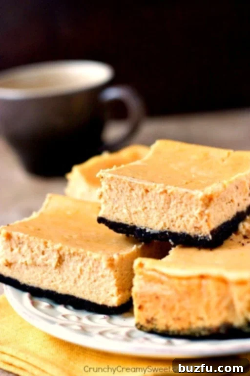 A plate of creamy and delicious pumpkin cheesecake bars, topped with a dollop of whipped cream.