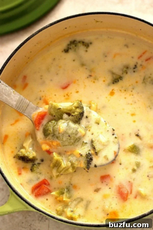 Homemade Panera Copycat Broccoli Cheese Soup in a Pot Rich and creamy Panera-style Broccoli Cheese Soup simmering in a large pot, ready to be served.