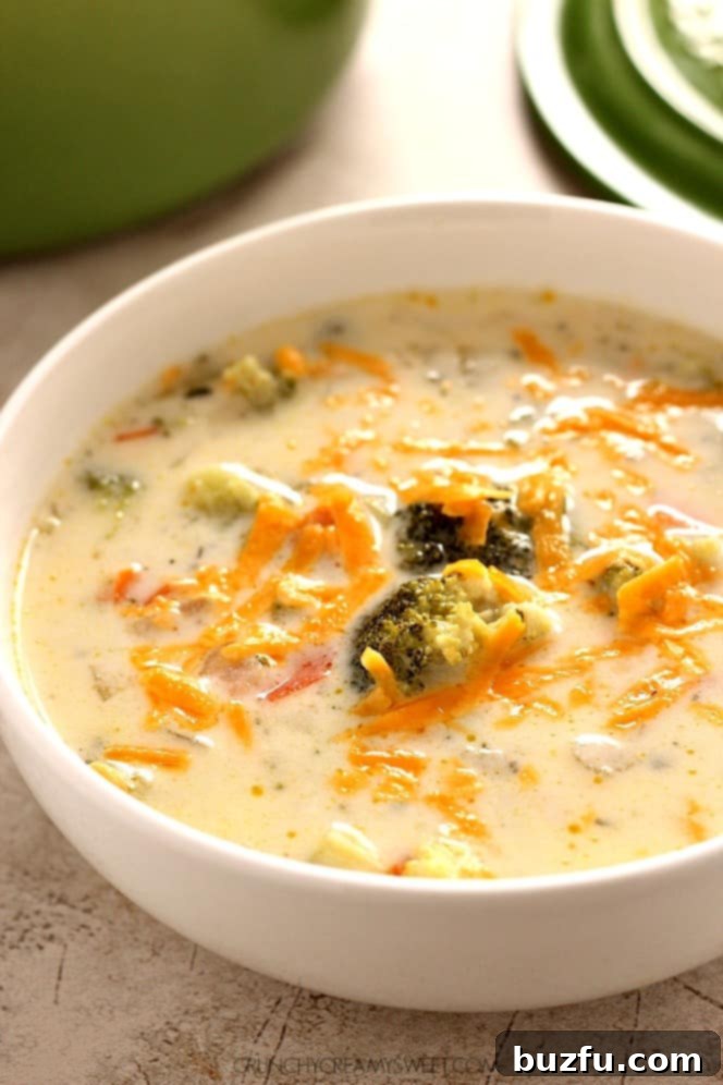 Serving Homemade Broccoli Cheese Soup in a White Bowl A close-up side view of a steaming bowl of homemade broccoli cheese soup, garnished with fresh parsley.