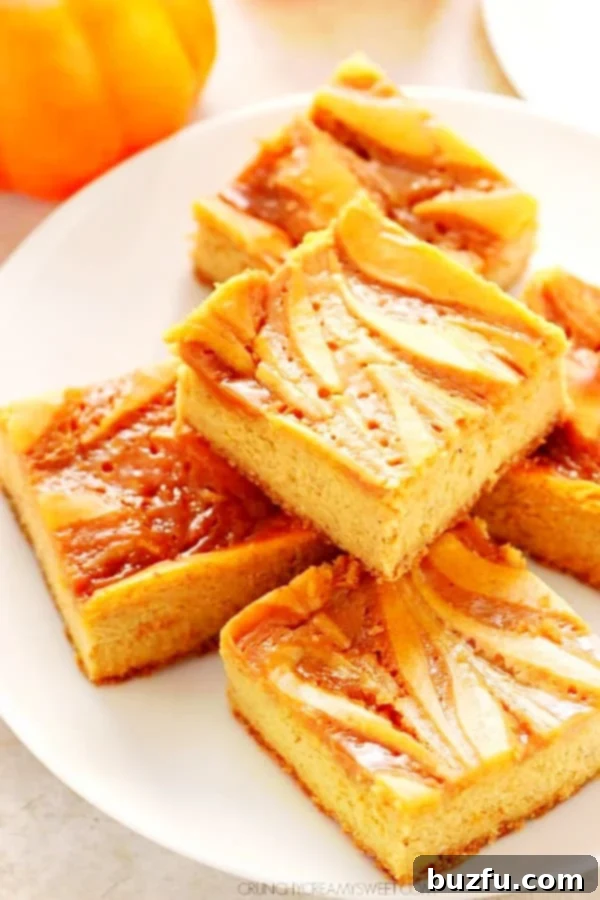 Delicious Pumpkin Cheesecake Bars with caramel swirls on a white plate, ready to be enjoyed as a perfect fall dessert.