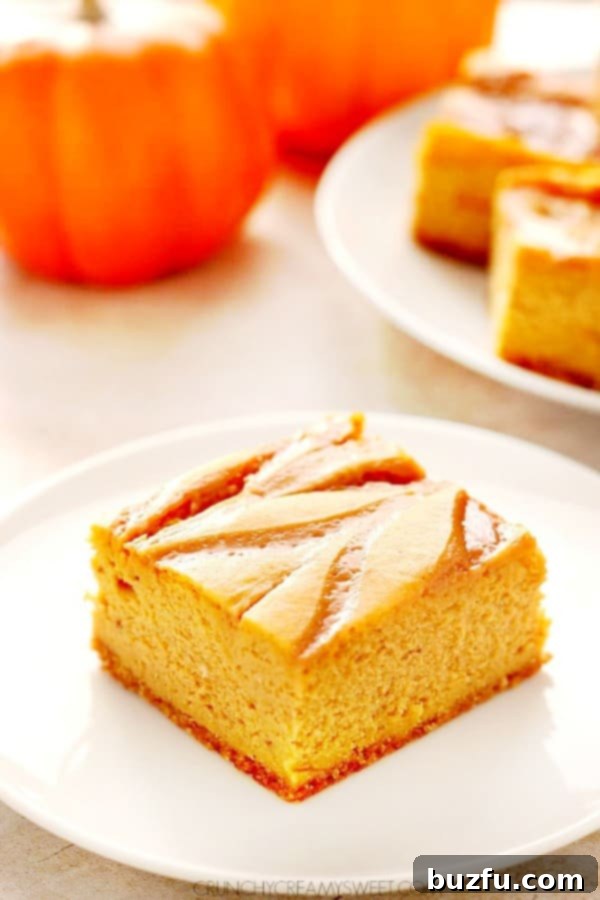 A single Pumpkin Cheesecake Bar with a visible caramel swirl, presented on a white plate, showcasing its creamy texture.
