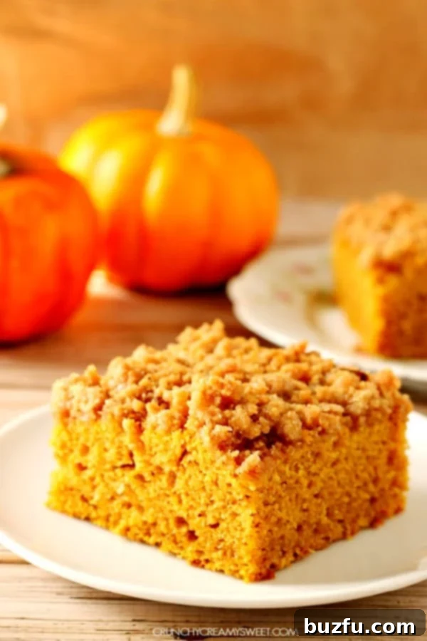 The Best Pumpkin Coffee Cake - absolutely irresistible pumpkin cake! A delectable slice of Best Pumpkin Coffee Cake on a white plate, revealing its moist interior and a generous layer of golden, crunchy crumb topping.