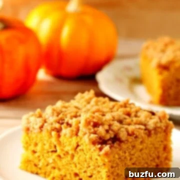 Cozy Pumpkin Spice Coffee Cake 3 A captivating close-up of a slice of Pumpkin Coffee Cake on a pristine white plate, showcasing the distinct layers of moist cake and golden, crunchy streusel.