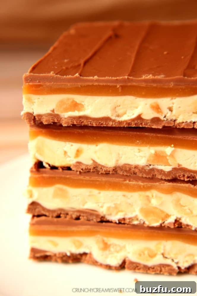A close-up of a homemade Snickers bar, showing the distinct layers of chocolate, nougat with peanuts, and a thick, gooey caramel.