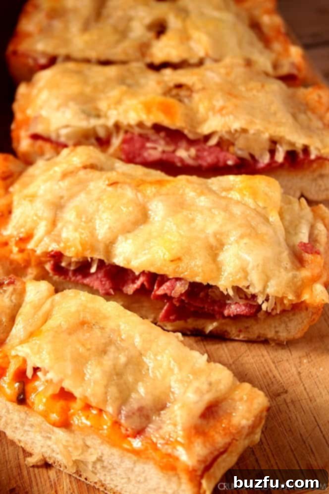 Reuben Cheesy Bread: A new twist on comfort food, combining classic sandwich flavors with irresistible cheesy bread. Two halves of Easy Reuben Cheesy Bread on a baking sheet, showcasing the rich toppings before baking.
