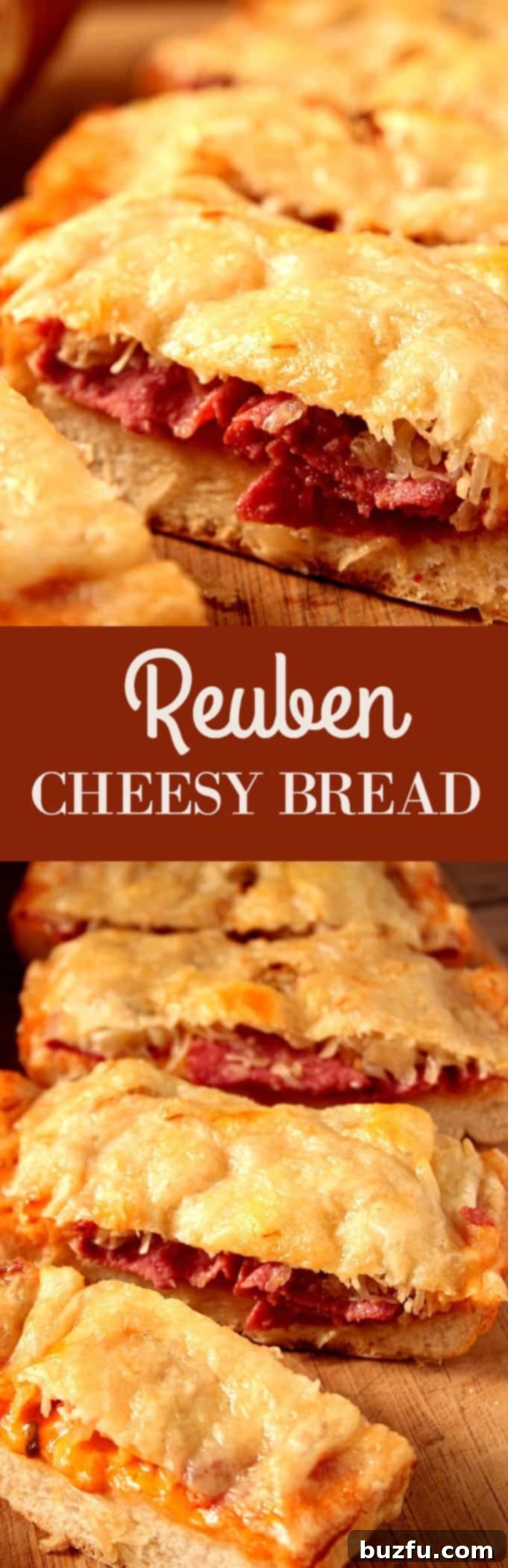 Whole Reuben Cheesy Bread, a perfect appetizer for any occasion. A whole Easy Reuben Cheesy Bread, showing off the golden melted Swiss cheese and rich toppings.