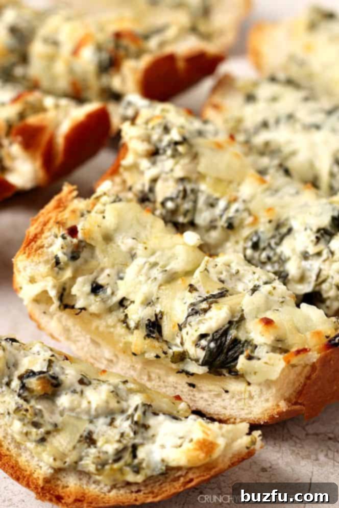 Reuben Meltdown Bread 6 Savory spinach artichoke dip cheesy bread, golden and bubbly from the oven.