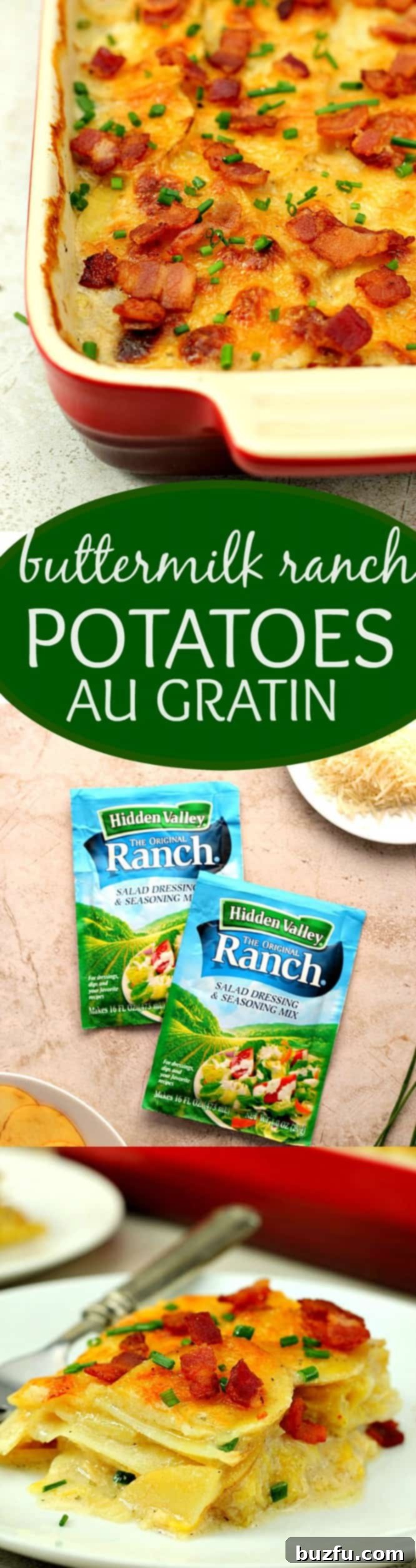 Close-up of Buttermilk Ranch Potatoes Au Gratin, a creamy comfort food dish with crispy bacon, melted cheese, and tender potatoes.