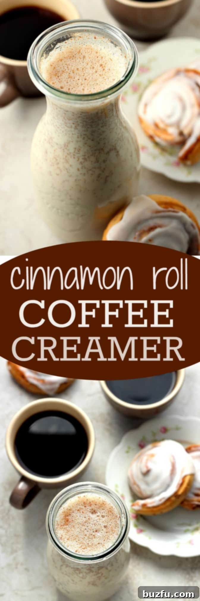 Visual guide for Homemade Cinnamon Roll Coffee Creamer preparation. A photo collage showcasing the various stages of preparing the cinnamon roll coffee creamer recipe, from ingredients to finished product.