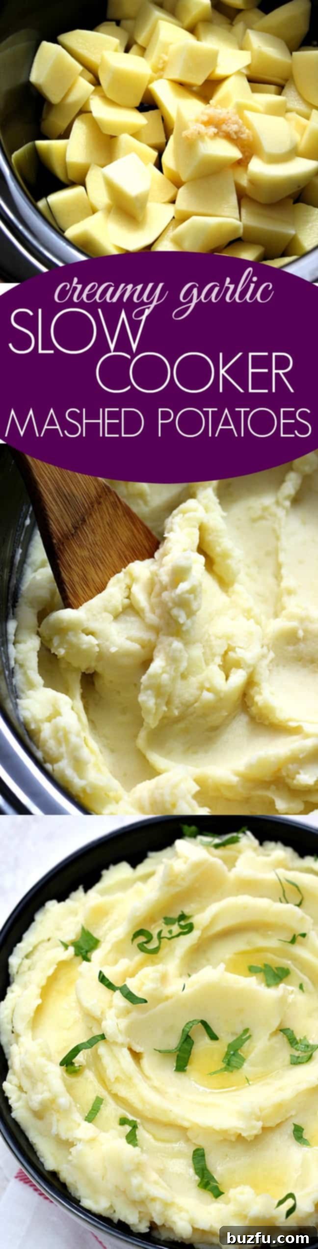 Creamy Garlic Slow Cooker Mashed Potatoes - save time and space and make the best mashed potatoes right in your crock pot! Creamy, garlicky and pure comfort food! Photo collage for Creamy Slow Cooker Mashed Potatoes