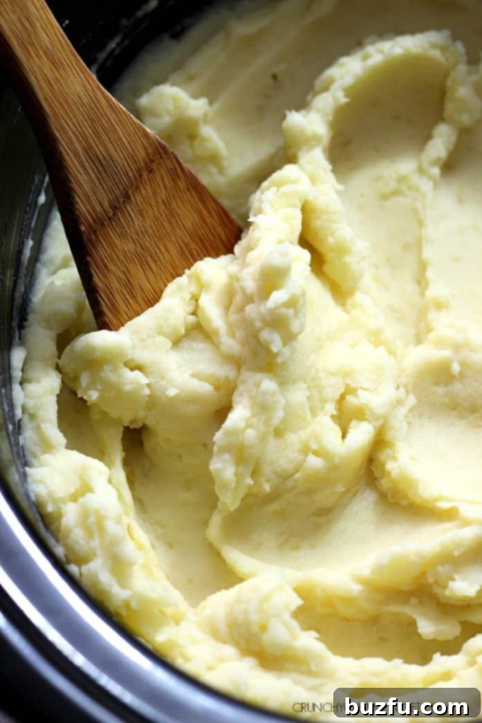 Creamy Garlic Slow Cooker Mashed Potatoes - save time and space and make the best mashed potatoes right in your crock pot! Creamy, garlicky and pure comfort food! Close up shot of mashed potatoes in a slow cooker.