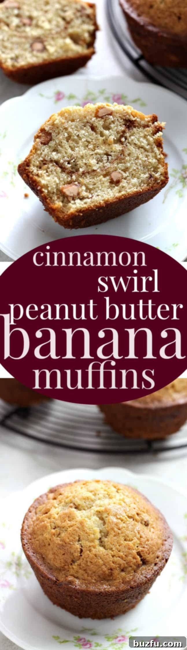 Cinnamon Swirl Peanut Butter Banana Muffins - soft and fluffy banana muffins with a surprise cinnamon swirl and peanut butter chips. Several Cinnamon Swirl Peanut Butter Banana Muffins arranged on a rustic wooden surface, highlighting their homemade appeal.