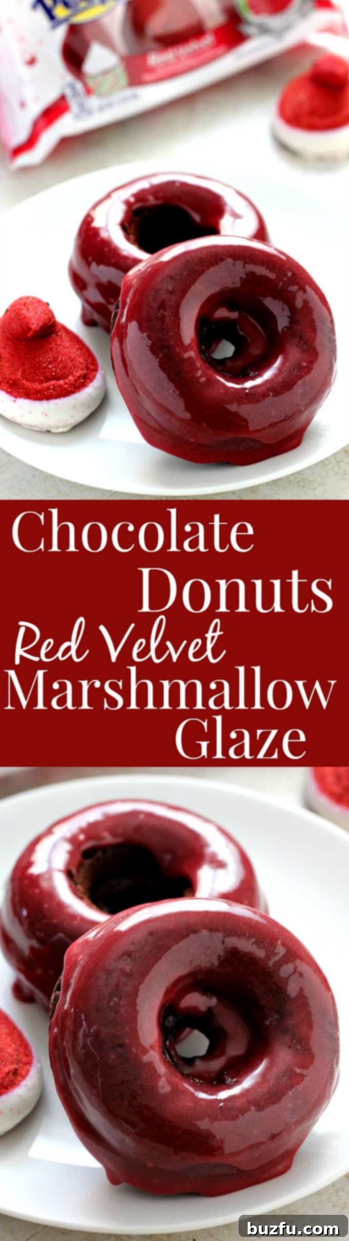 Close-up of a glazed Baked Chocolate Donut with Red Velvet Marshmallow Glaze, showcasing its festive and delectable appearance.