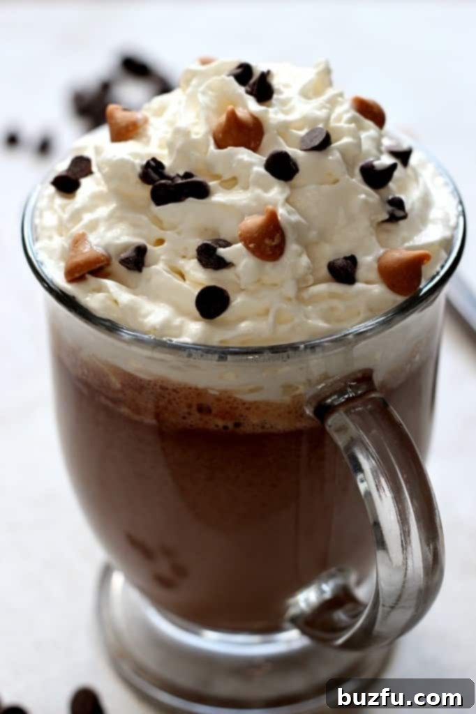 Side shot of creamy peanut butter hot chocolate in a glass mug, topped with fluffy whipped cream and a generous sprinkle of mini chocolate chips. Perfect for a cozy winter evening.
