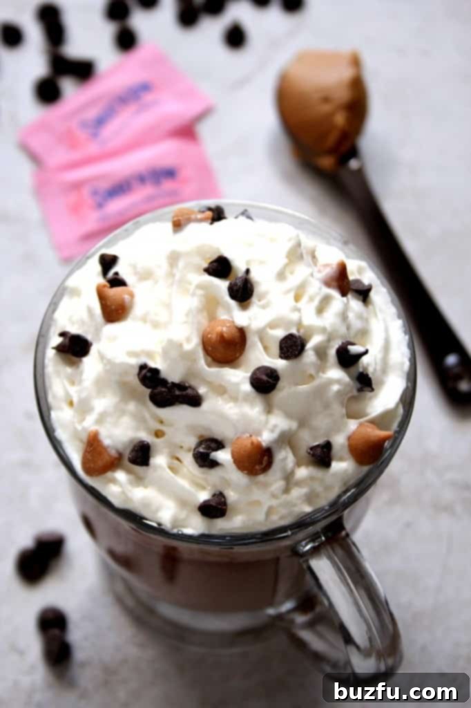Overhead shot of rich peanut butter hot chocolate in a mug, generously topped with whipped cream and a sprinkle of peanut butter chips, ready to be enjoyed.
