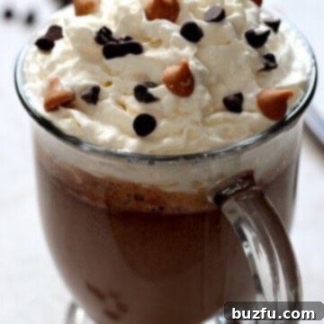 A warm mug of Peanut Butter Hot Chocolate, ready to be enjoyed.