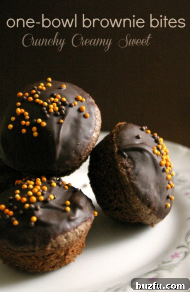 Side shot of brownie bites with rich chocolate glaze and colorful sprinkles arranged on a white plate, highlighting their delightful mini size and inviting texture.