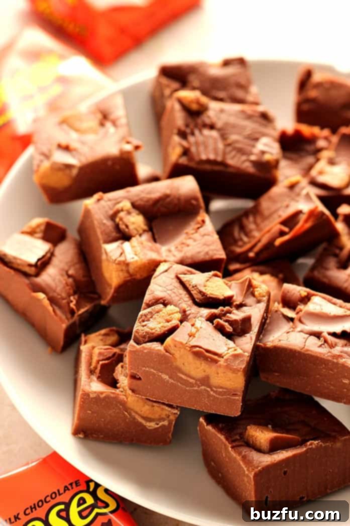 Peanut Butter Cup Fudge squares on a pristine white plate, garnished for presentation.
