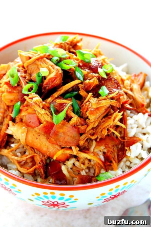Slow Cooker Teriyaki Chicken Recipe - tender chicken in rich teriyaki sauce, served with rice and veggies. Teriyaki shredded chicken over rice in bowl, garnished with green onions.