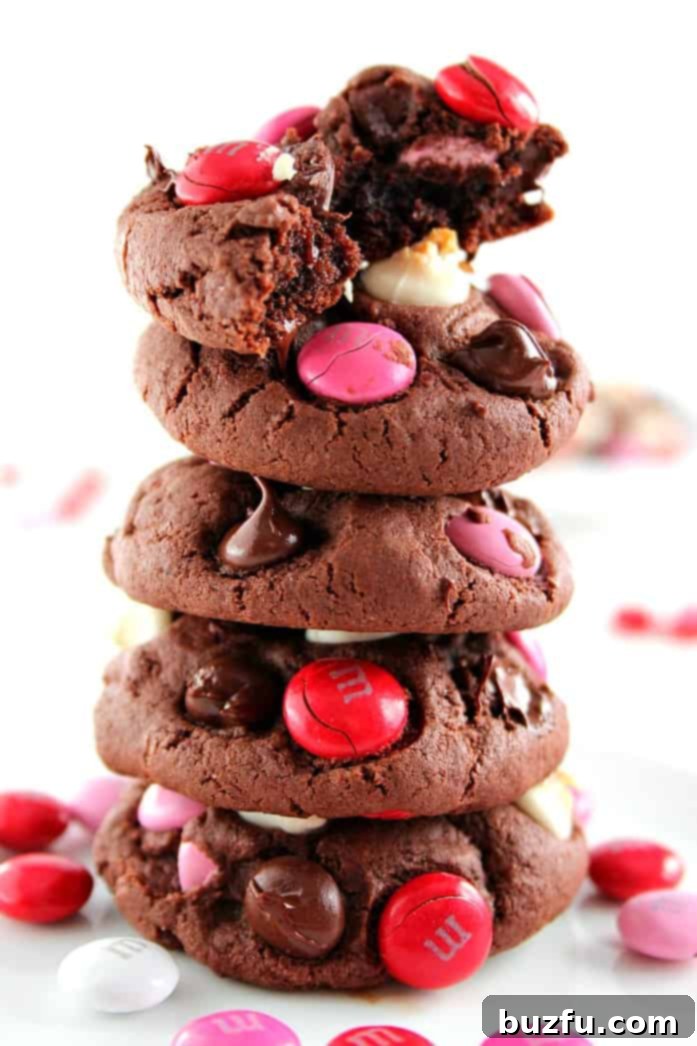 Double Chocolate M&M Cookies Recipe - soft and chewy pudding cookies packed with cocoa powder, semi-sweet chocolate chips, white chocolate chips and bright red and pink M&M's! Make a batch and bake it - all in 30 minutes! 