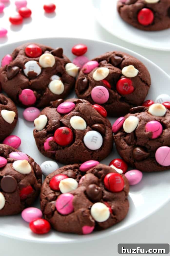 Double Chocolate M&M Cookies Recipe - soft and chewy pudding cookies packed with cocoa powder, semi-sweet chocolate chips, white chocolate chips and bright red and pink M&M's! Make a batch and bake it - all in 30 minutes! 