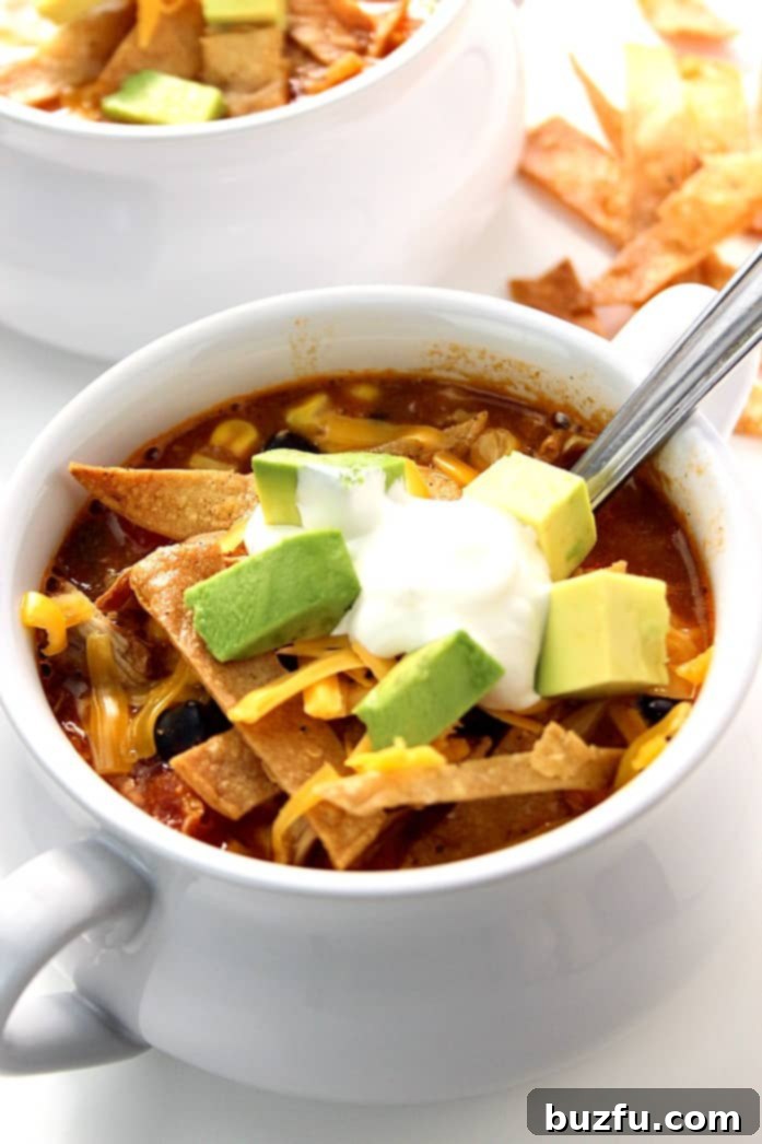 Flavorful Chicken Enchilada Soup - Ready in 20 minutes! Side shot of a rustic soup bowl with handles, filled to the brim with colorful chicken enchilada soup and topped generously with cheese and sour cream.